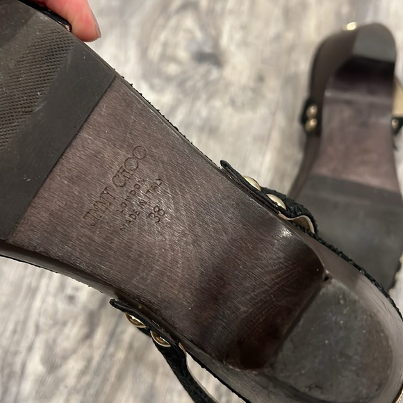 Jimmy Choo Black Embossed Leather Clog Sandals Studded Wood Heel Size 8 - Picture 6 of 13